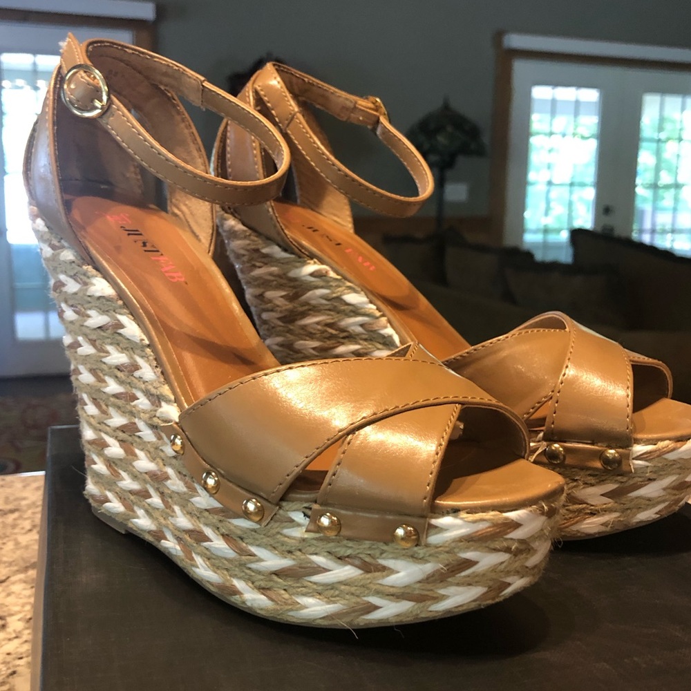 Nude Wedges with Ankle Strap and Tiny Gold Rivets